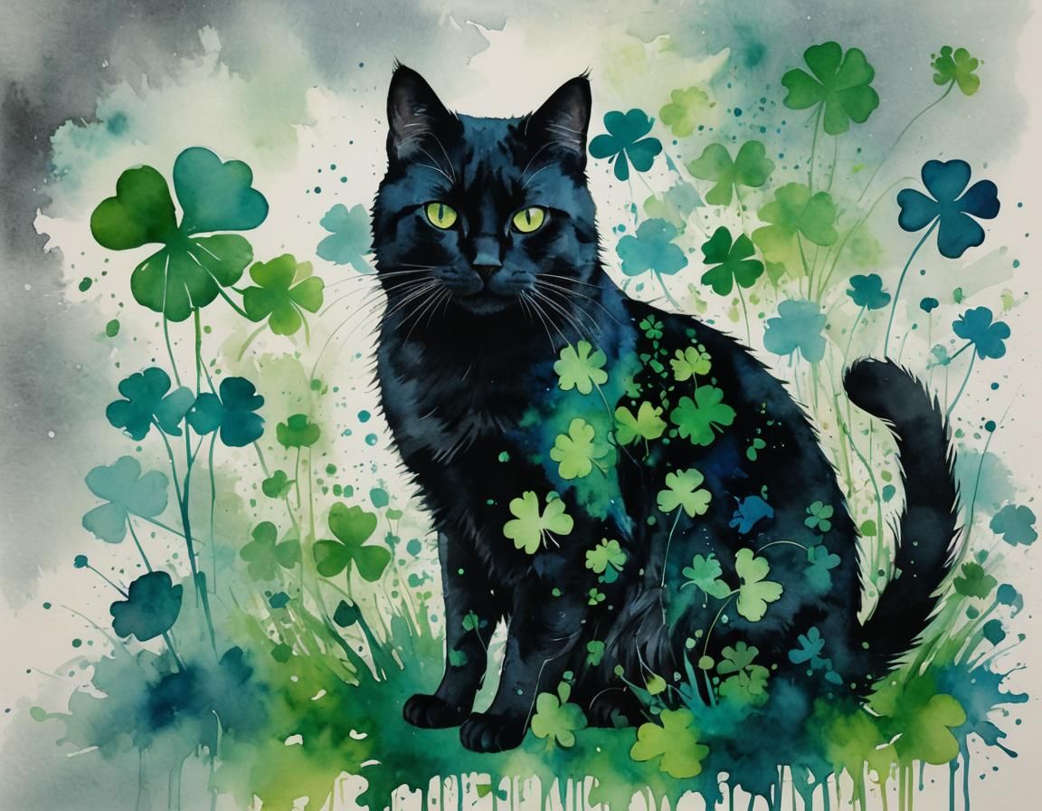 Luminescent Black Cat and Four-Leaf Clover Painting