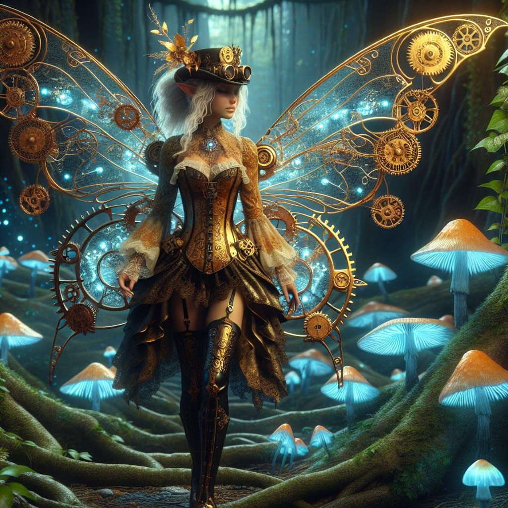 Steampunk Pixie in Bioluminescent Forest