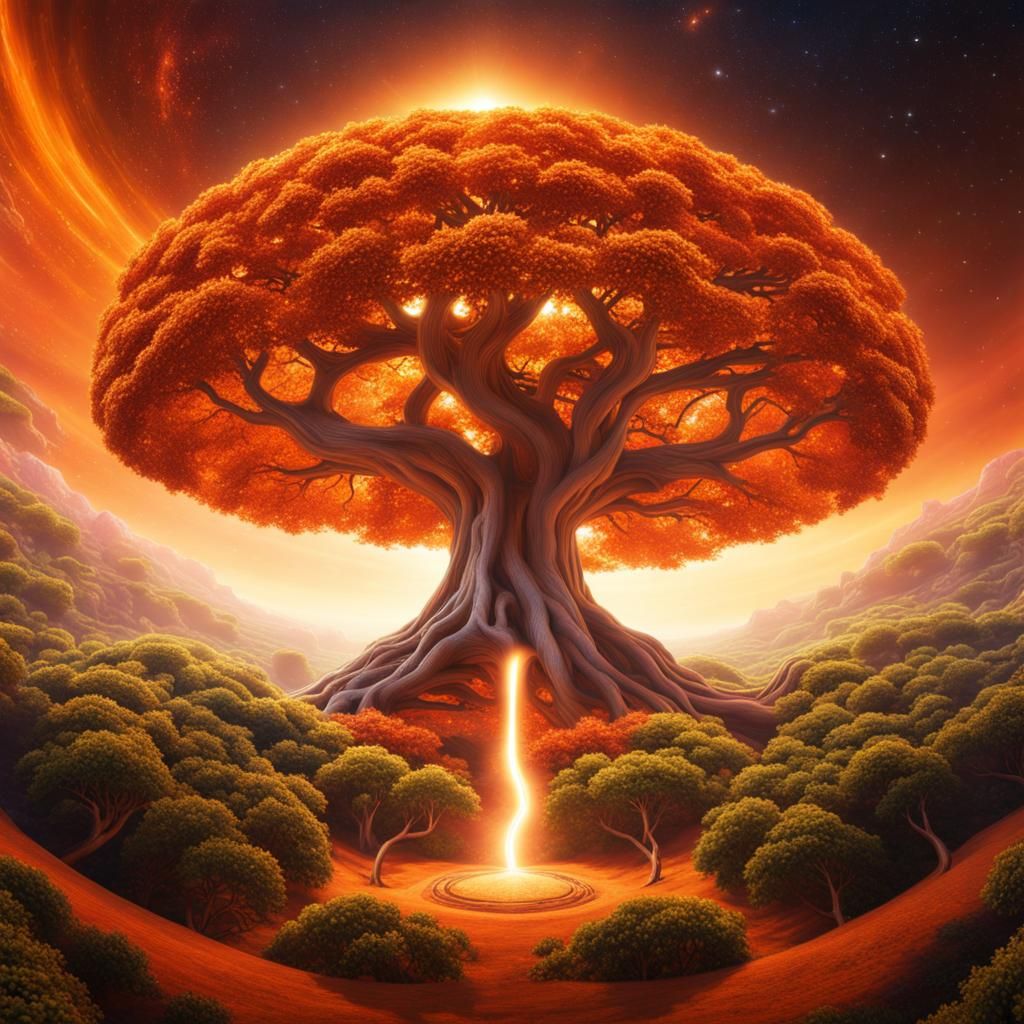 Gigantic Orange Yggdrasil Galaxy Tree, Surreal Digital Art