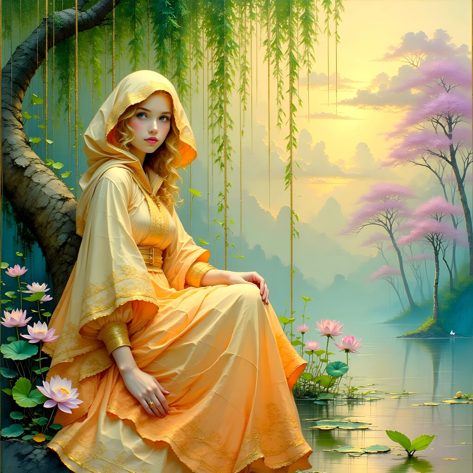 Enchanted Woodland Goddess in Apricot Robe with Golden Accen...
