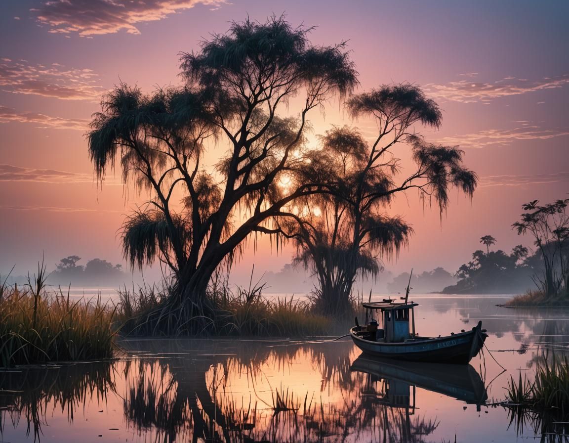 Fishing Boat on Lagoon at Sunset: Fantasy Concept Art