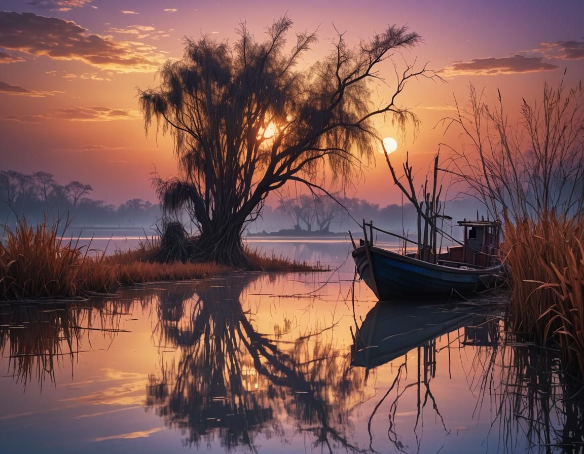 Lagoon Fishing Boat at Sunset in Fantastical Style