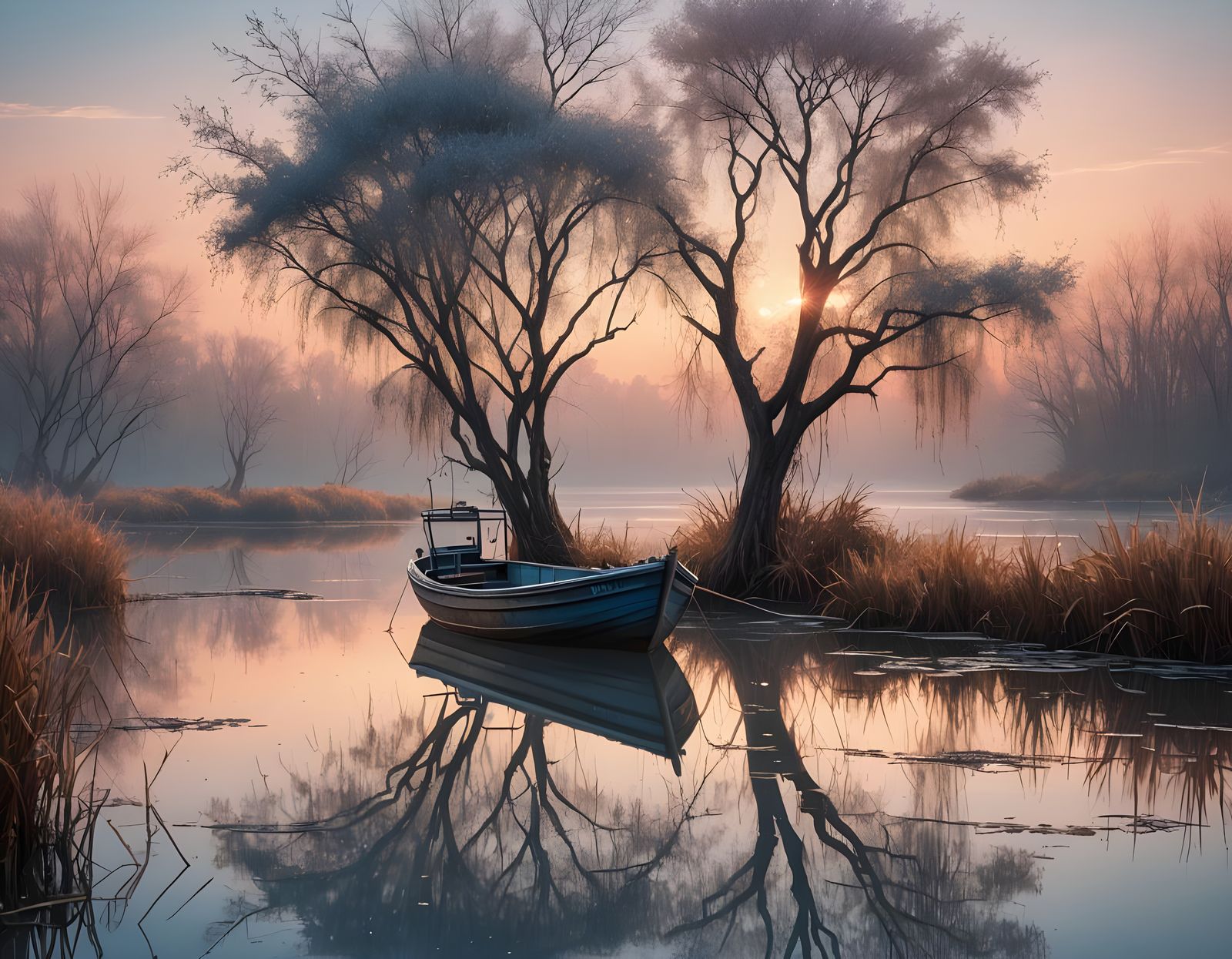 Lagoon Sunset: Fishing Boat Among Reeds