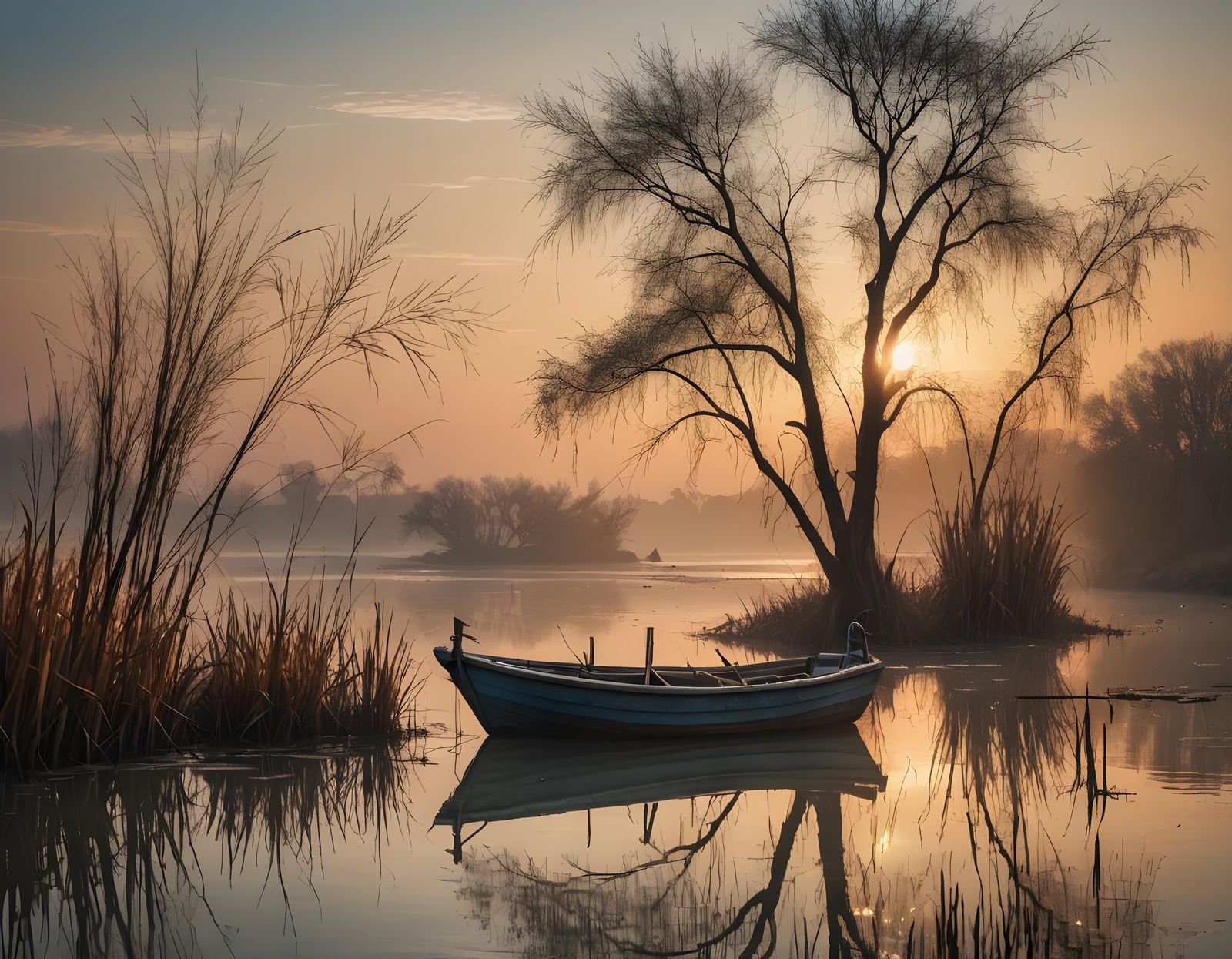 Fishing Boat on Lagoon at Sunset: Hyperrealistic Digital Art