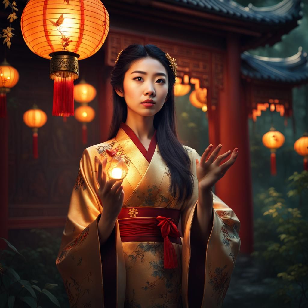 Chinese Woman with Lantern in Garden