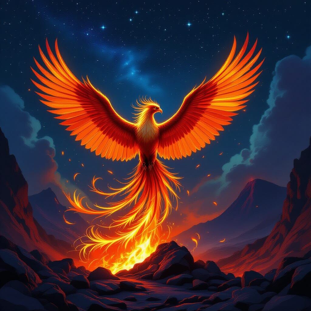 Majestic Phoenix Rises from Embers in Epic Fantasy Art