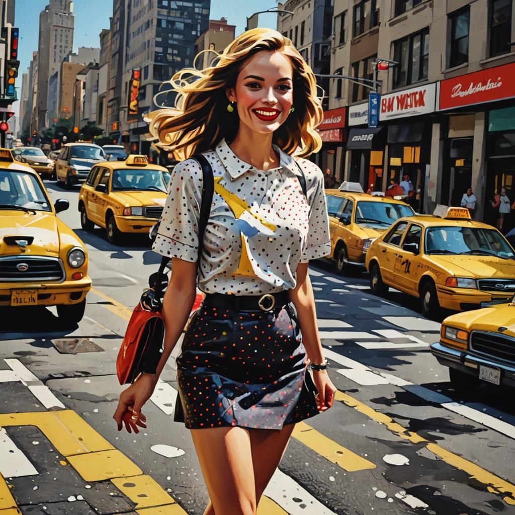 Pop Art Woman in Cityscape with Bold Colors