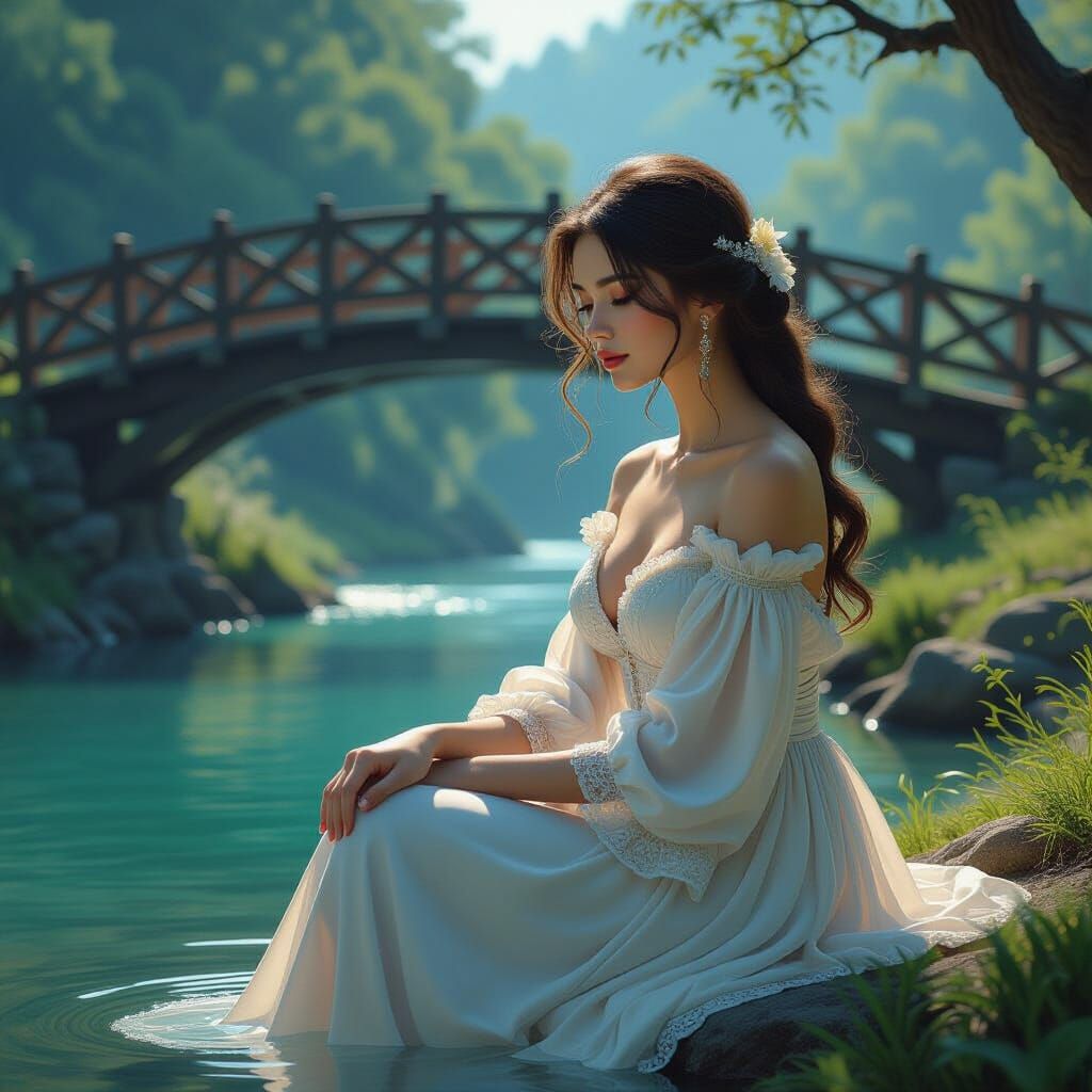 Dreamy River Landscape Portrait in Digital Art Style