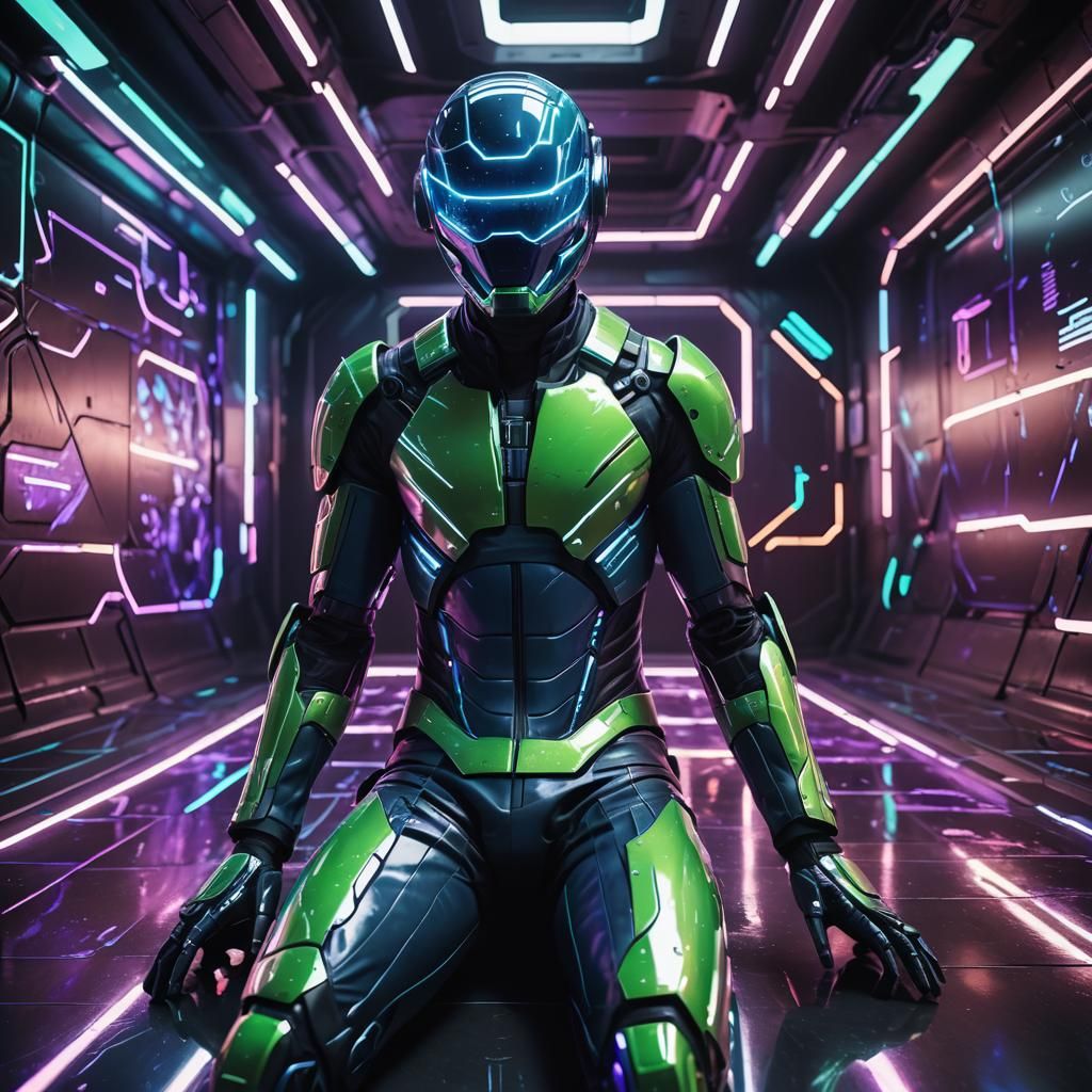 Glimmering Abandoned Tech Suit in Neon-Lit Futuristic Lair