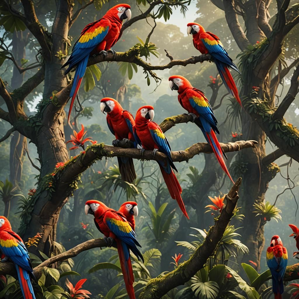 Scarlet Macaws in Love: Detailed Matte Painting