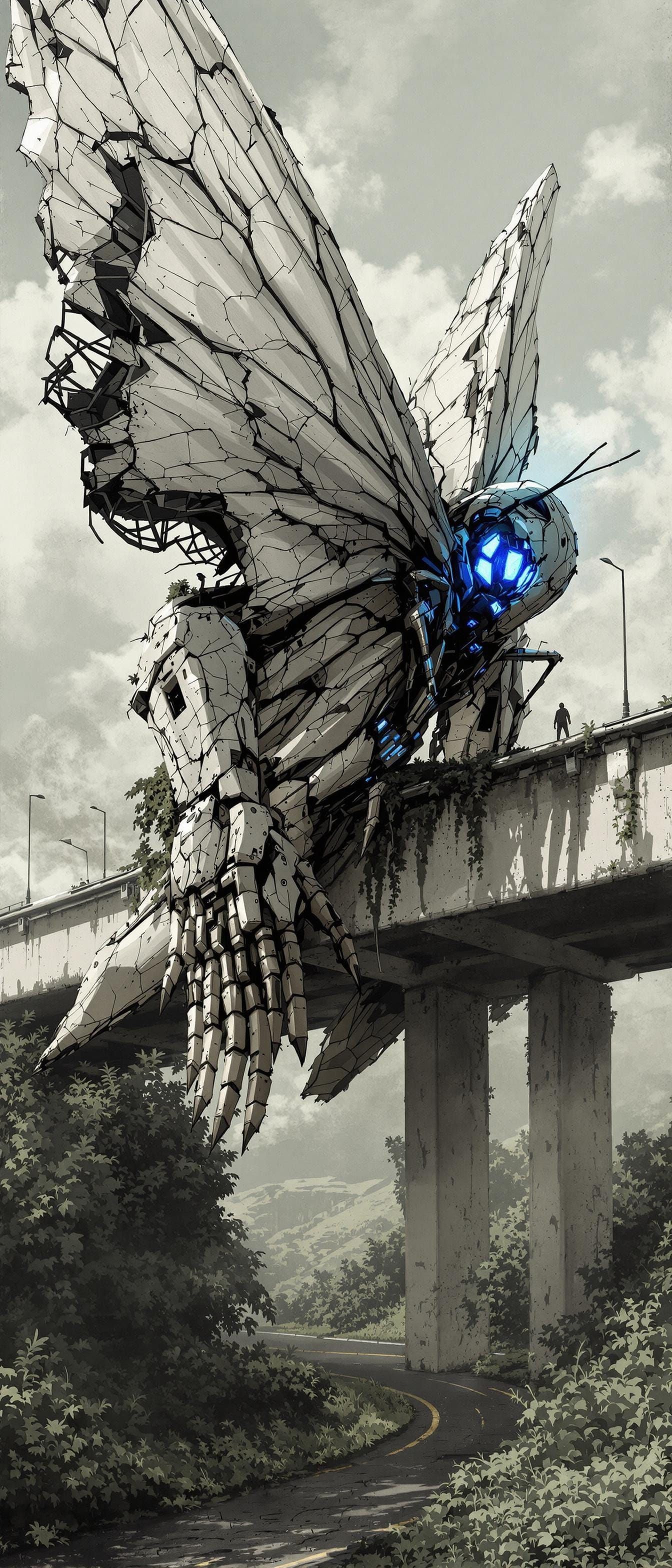 Crumbling Butterfly Robot on Abandoned Highway Overpass in C...