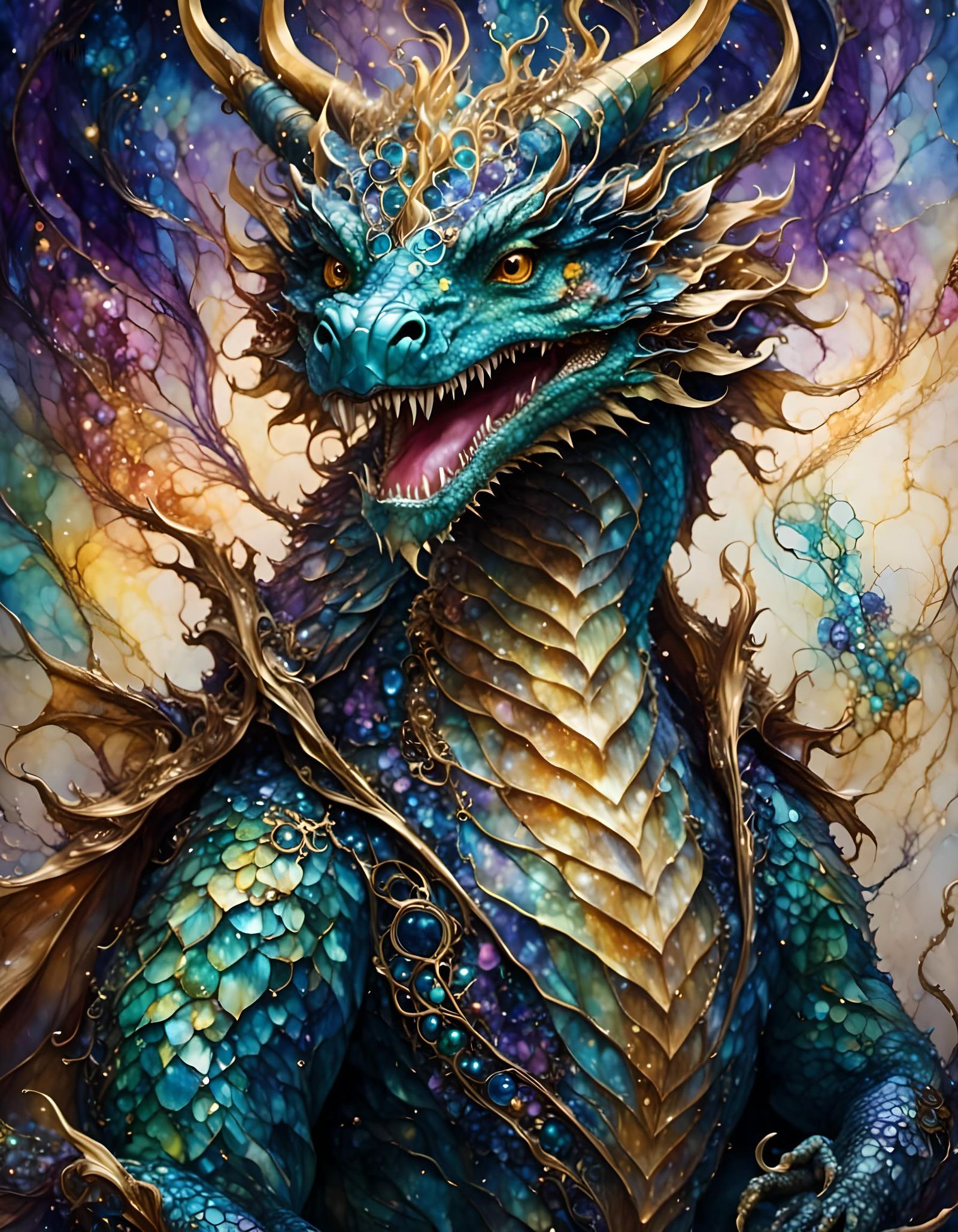 Cheerful Dragon Sorcerer with Voronoi Pattern in Alcohol Ink