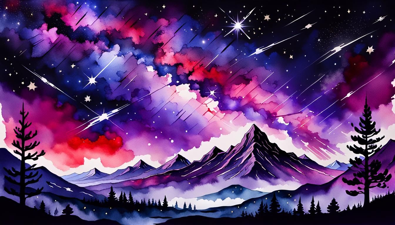 Night Sky Landscape with Lightning in Watercolor