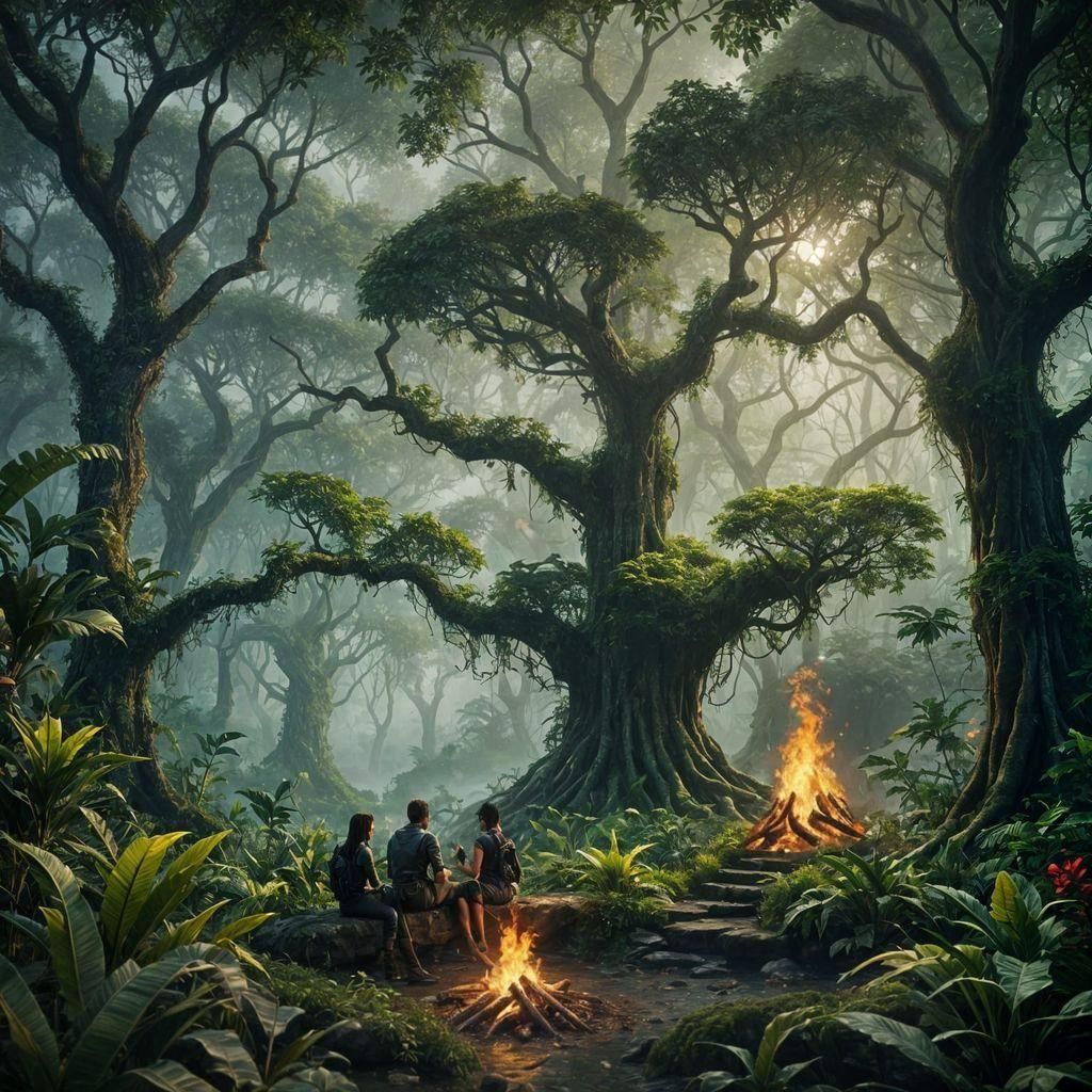 Foggy Jungle Campfire: Fantasy Concept Art