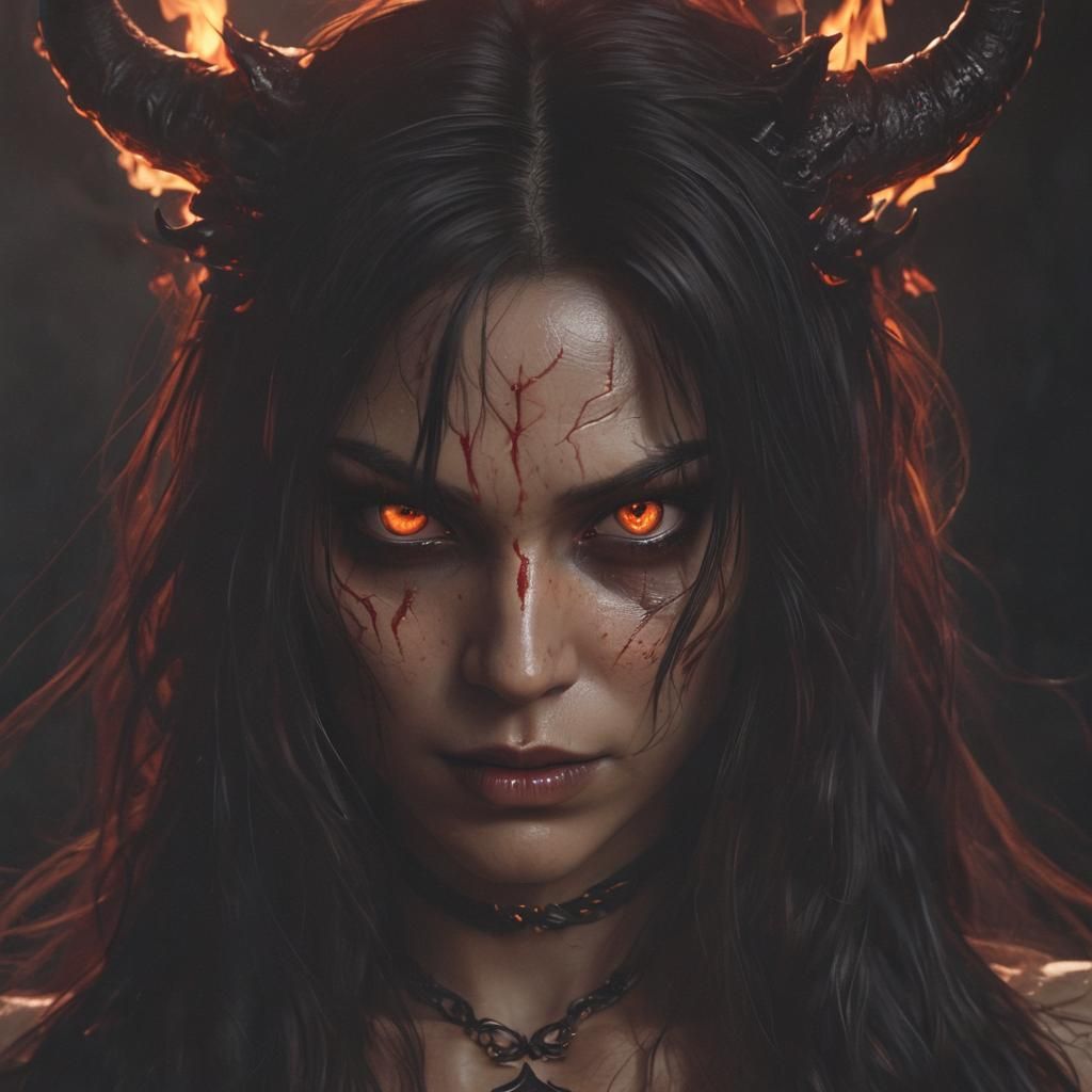 Floating Demon with Fiery Hair, Dark Fantasy Art