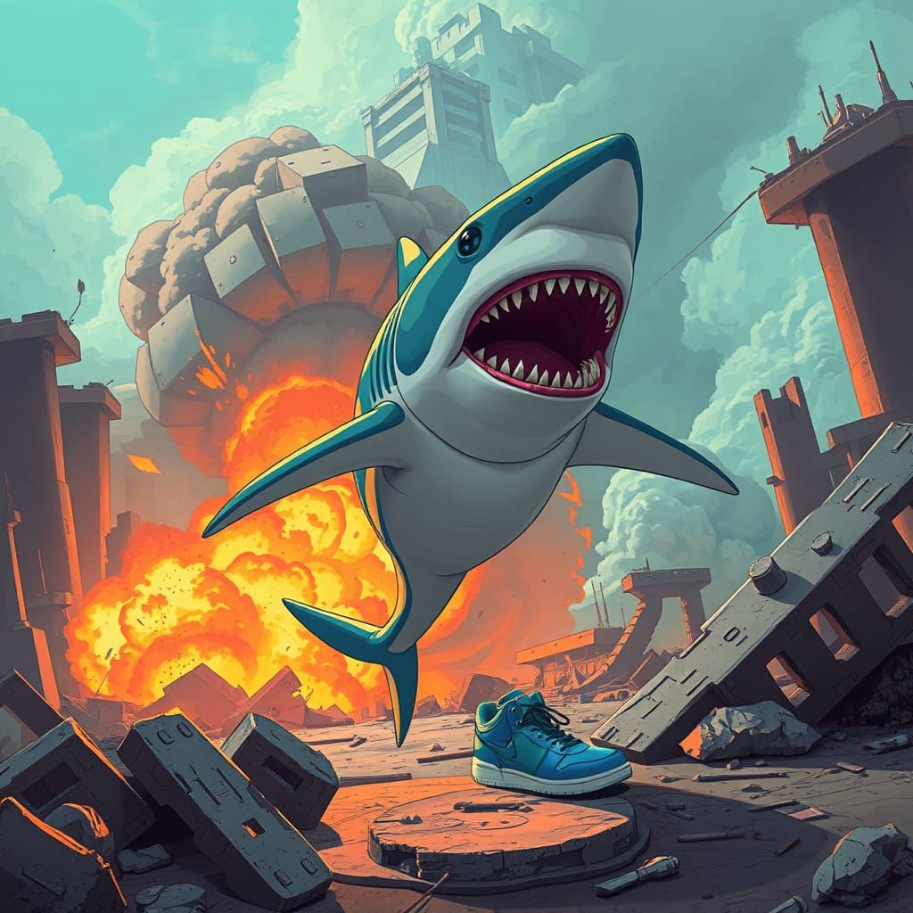 Shark Amidst Dystopian Ruins in a Futuristic Explosion