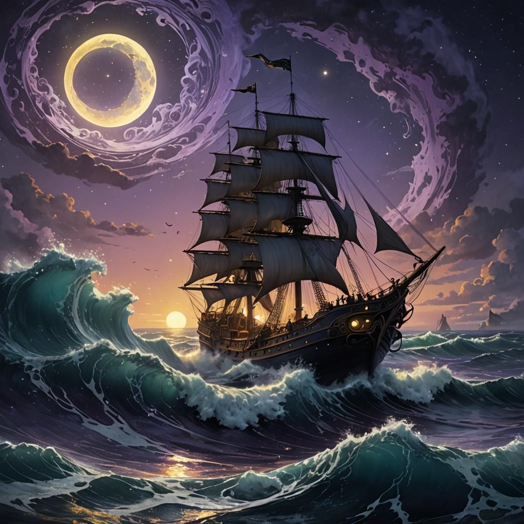 Mystical Ship Sails Under Crescent Moon