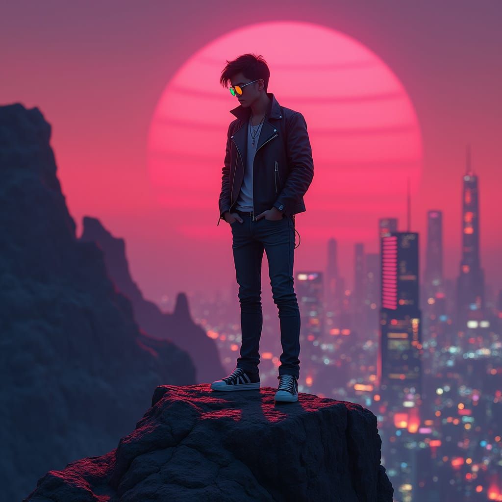 Synthwave Musician Overlooking Neon Cityscape at Dusk
