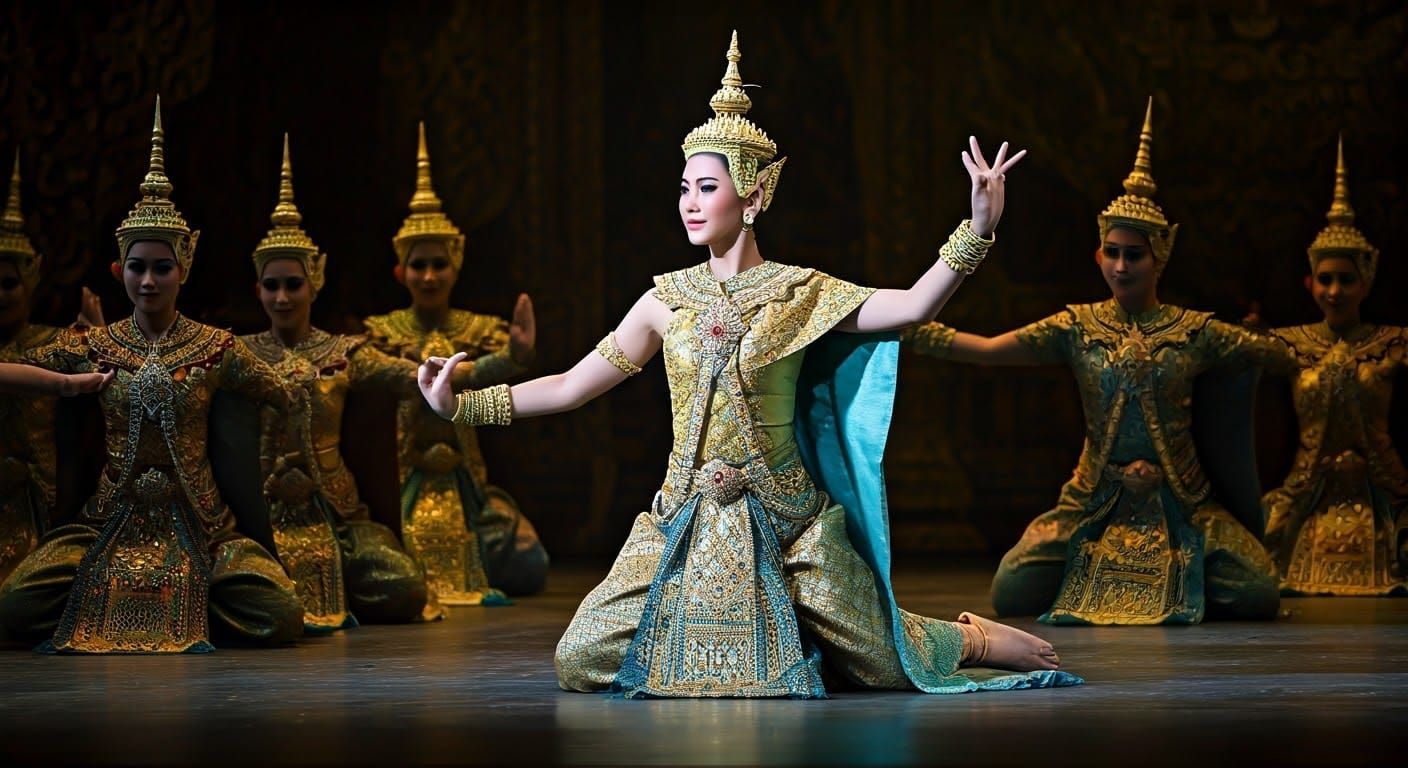 Thai Dancers in Iridescent Costumes Perform Elegant Dance on...