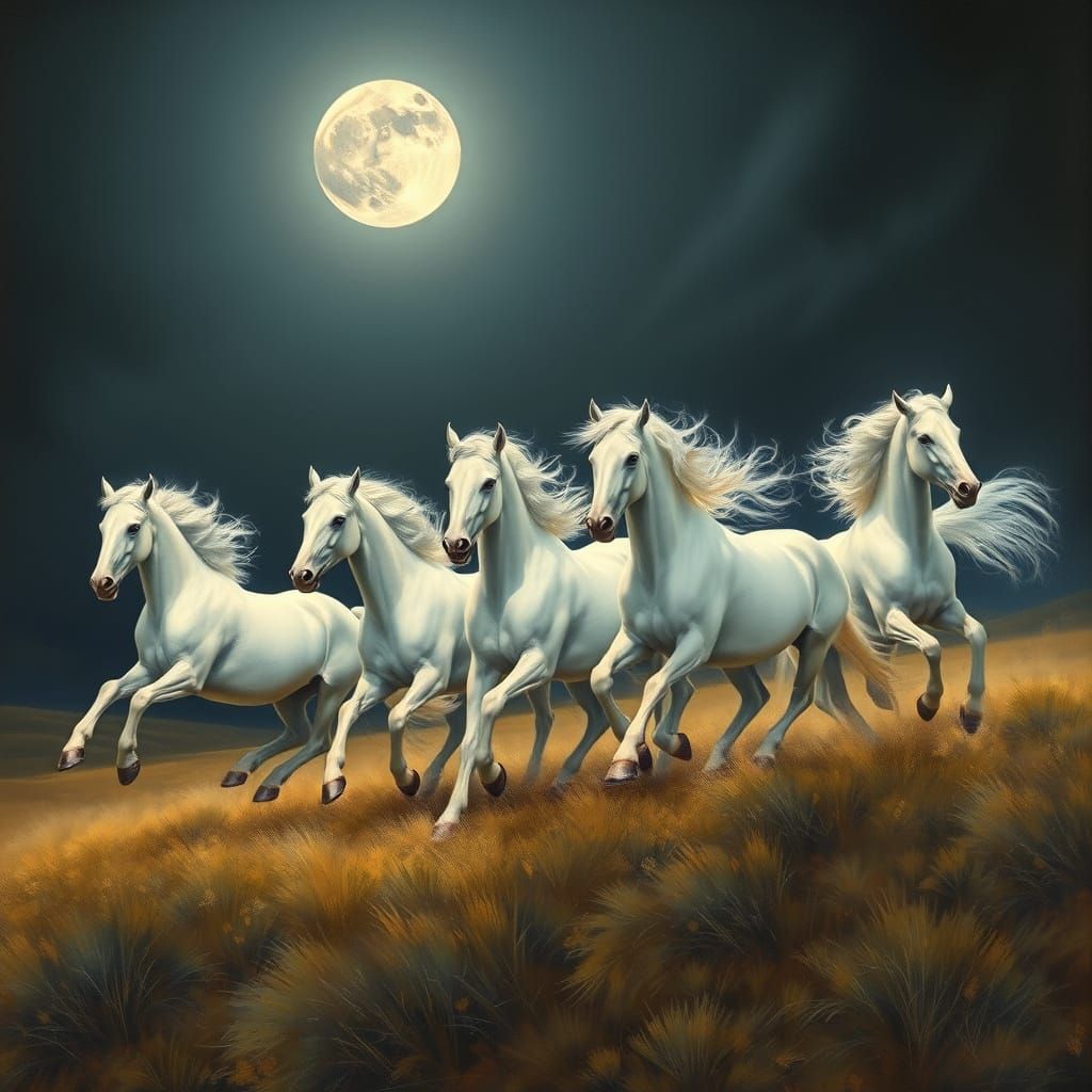 Majestic White Horses Gallop Under a Full Moonlit Sky