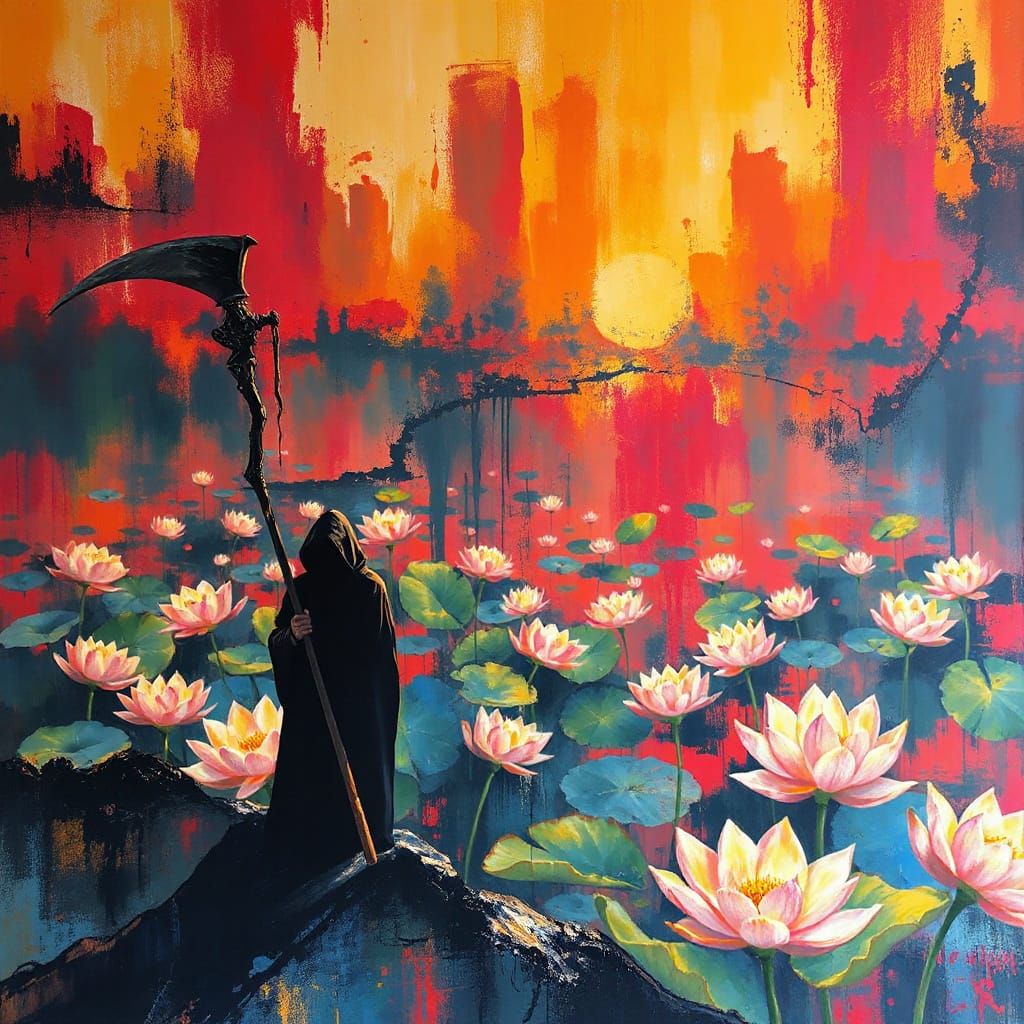 Shadowed Figure Among Vibrant Lotus Blooms in Graffiti Art