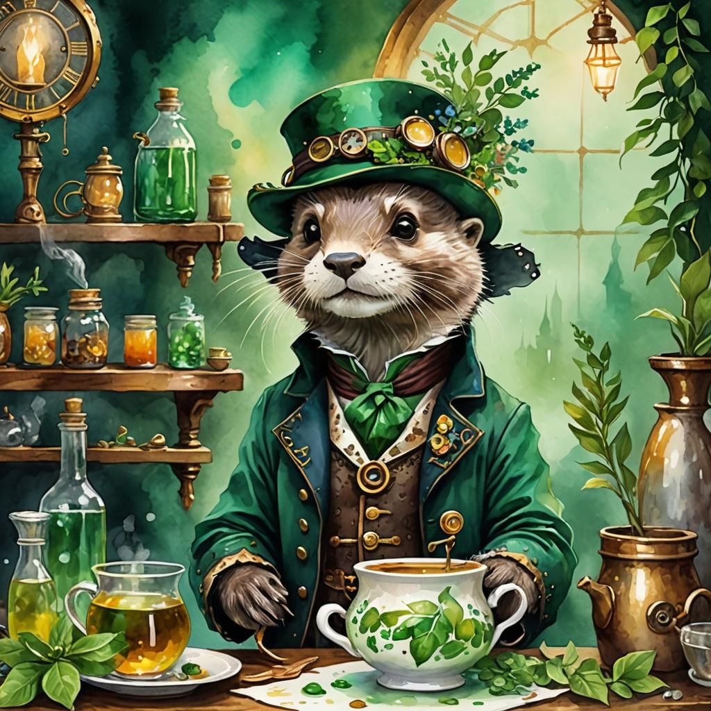 Steampunk Otter Herbalist in Emerald Hues