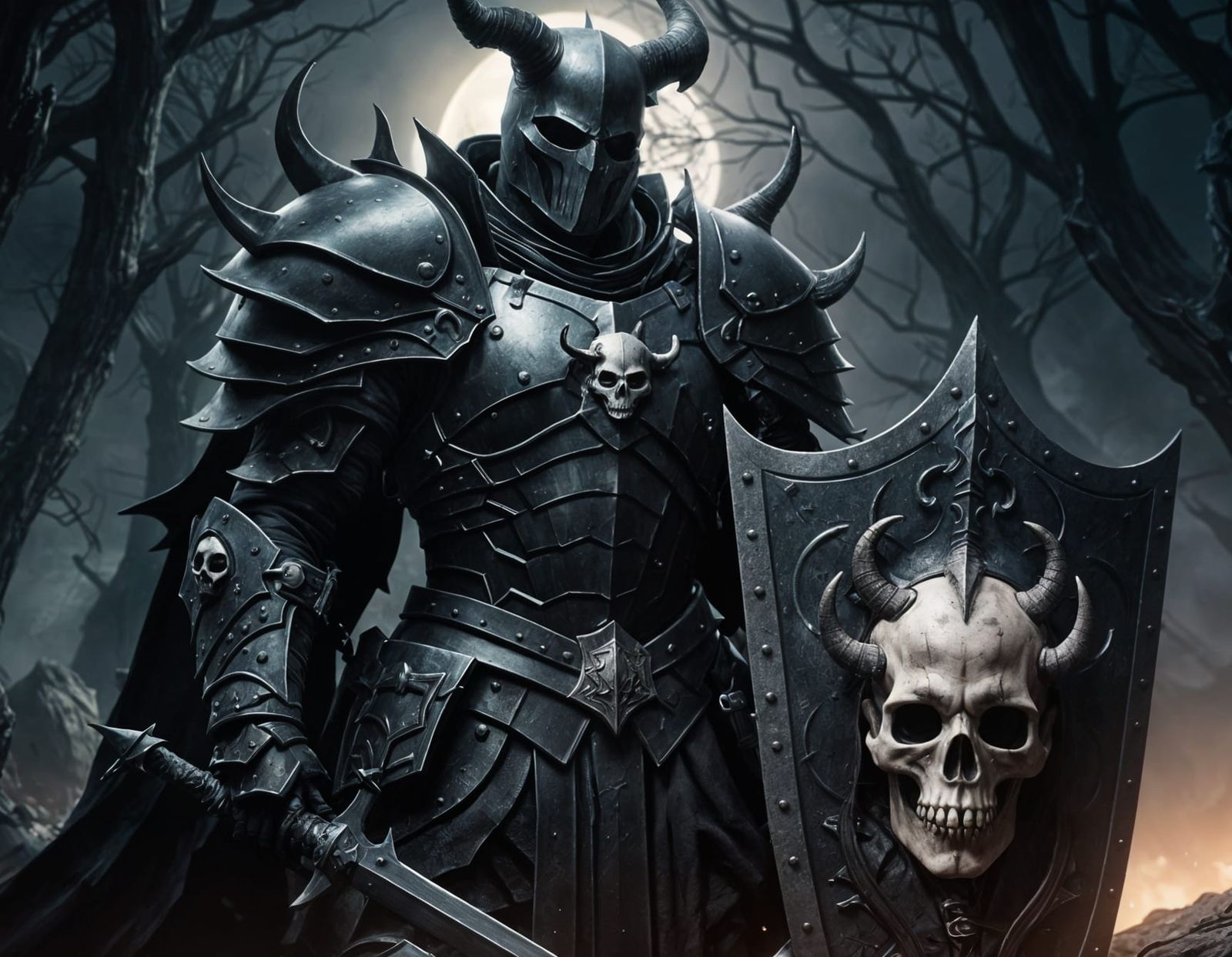 Dark Knight with Skull Shield in Gothic Art Style
