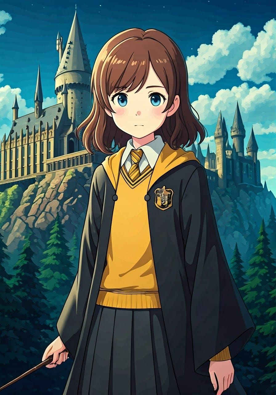 A Hufflepuff Student Shines in a Vibrant Hogwarts Setting