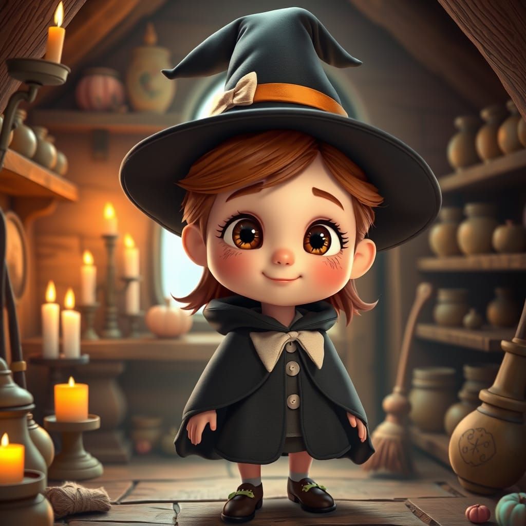 Cute Witch in Cozy Cottage, Pixar-Inspired 3D Style