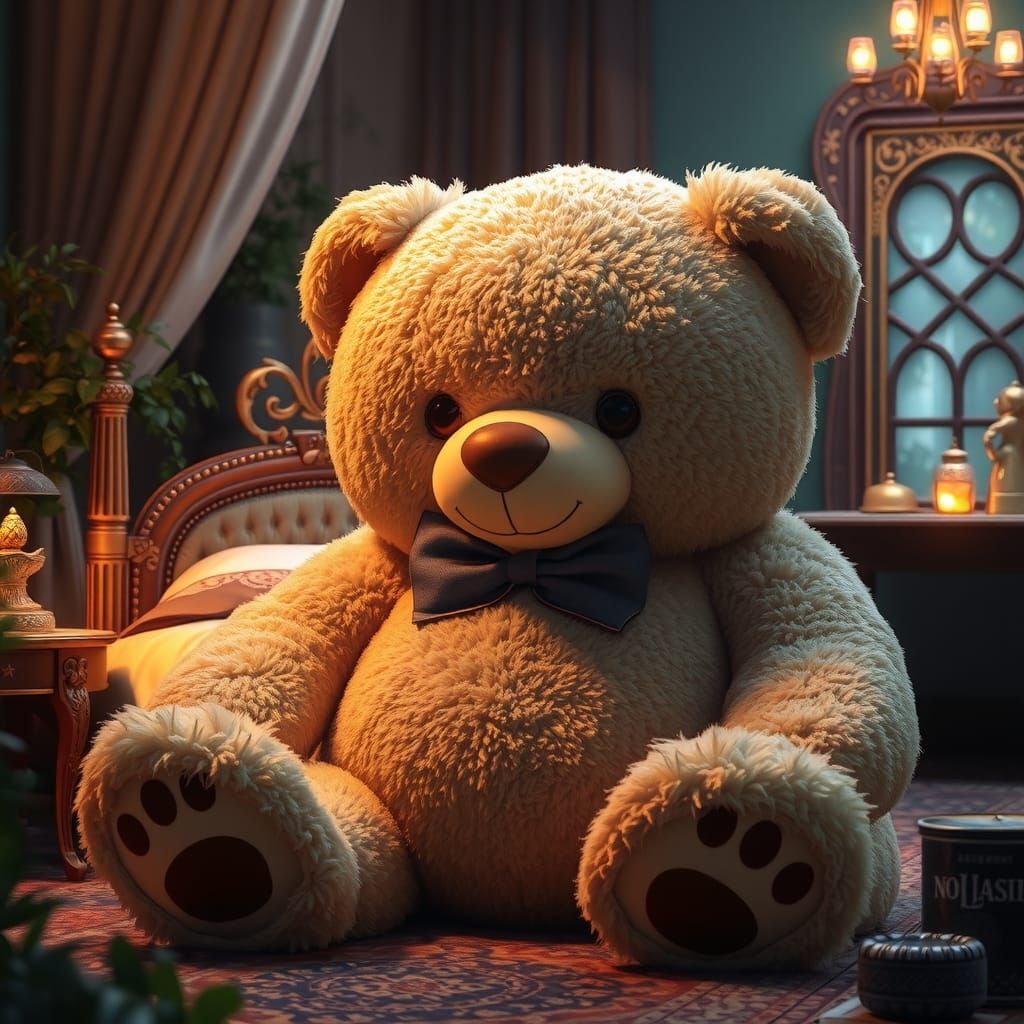 Gigantic Fluffy Teddy Bear in Dreamlike Setting
