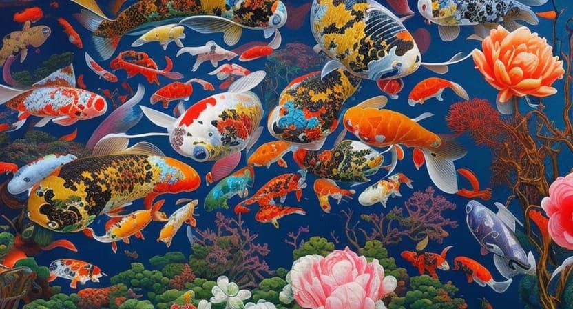 Surreal Anatomical Forms in Alien Koi Landscape