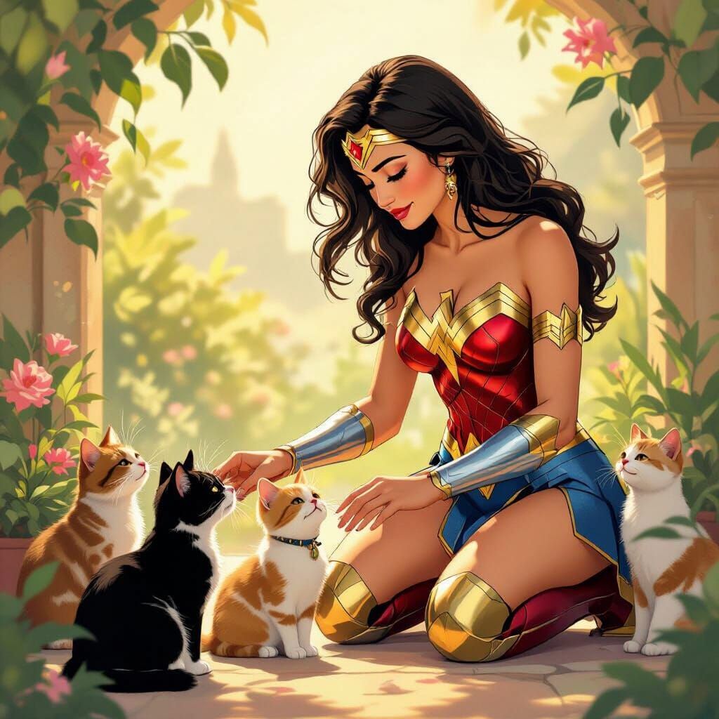 Wonder Woman Pets Cats in Art Nouveau Style