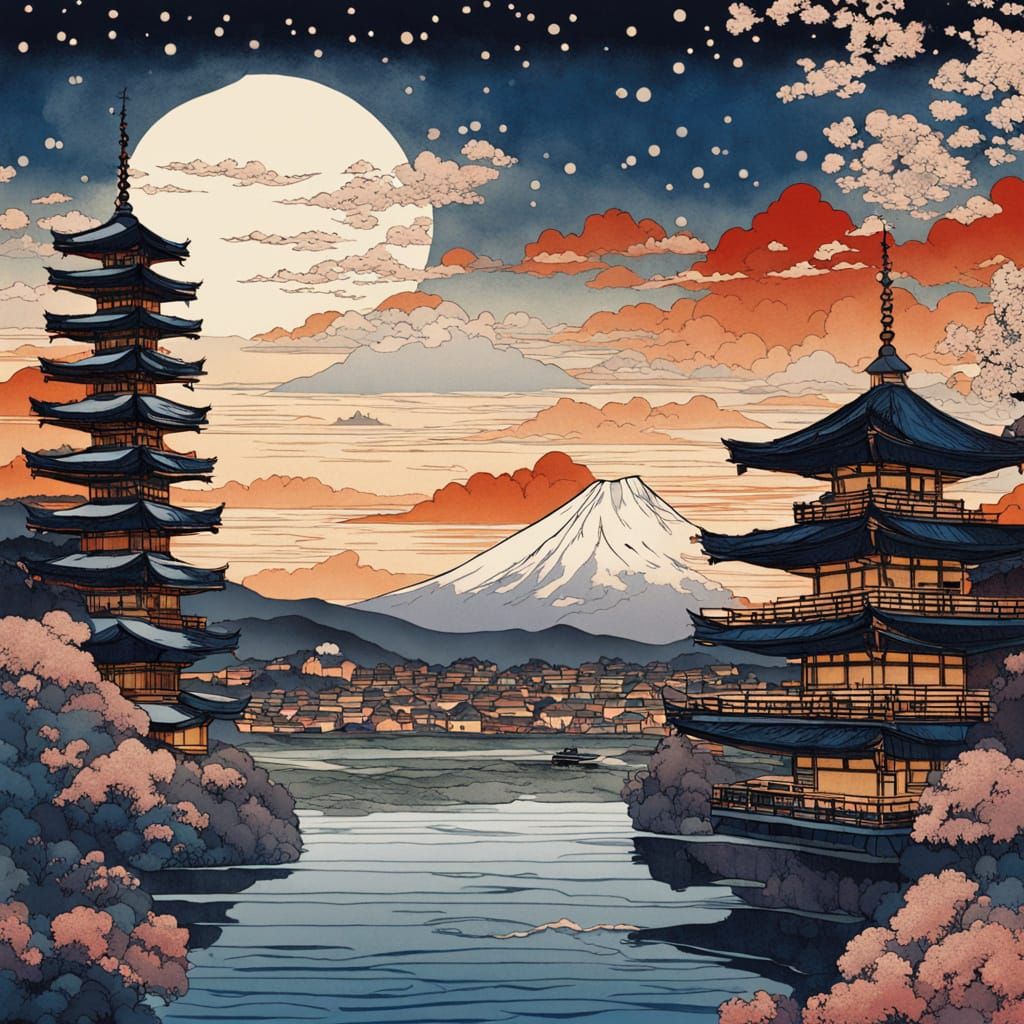 Floating Cathedral in Ukiyo-e Japanese Woodblock Print