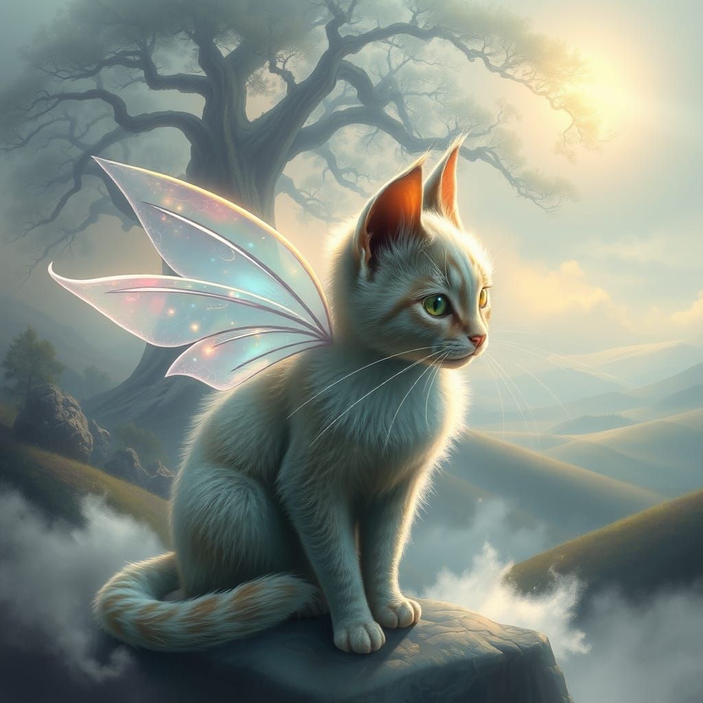 Enchanted Feline Angel in Dreamlike Landscape