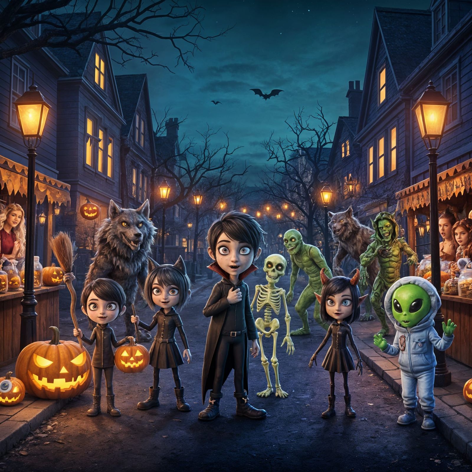 Halloween Monsters Trick-or-Treating on Spooky Street