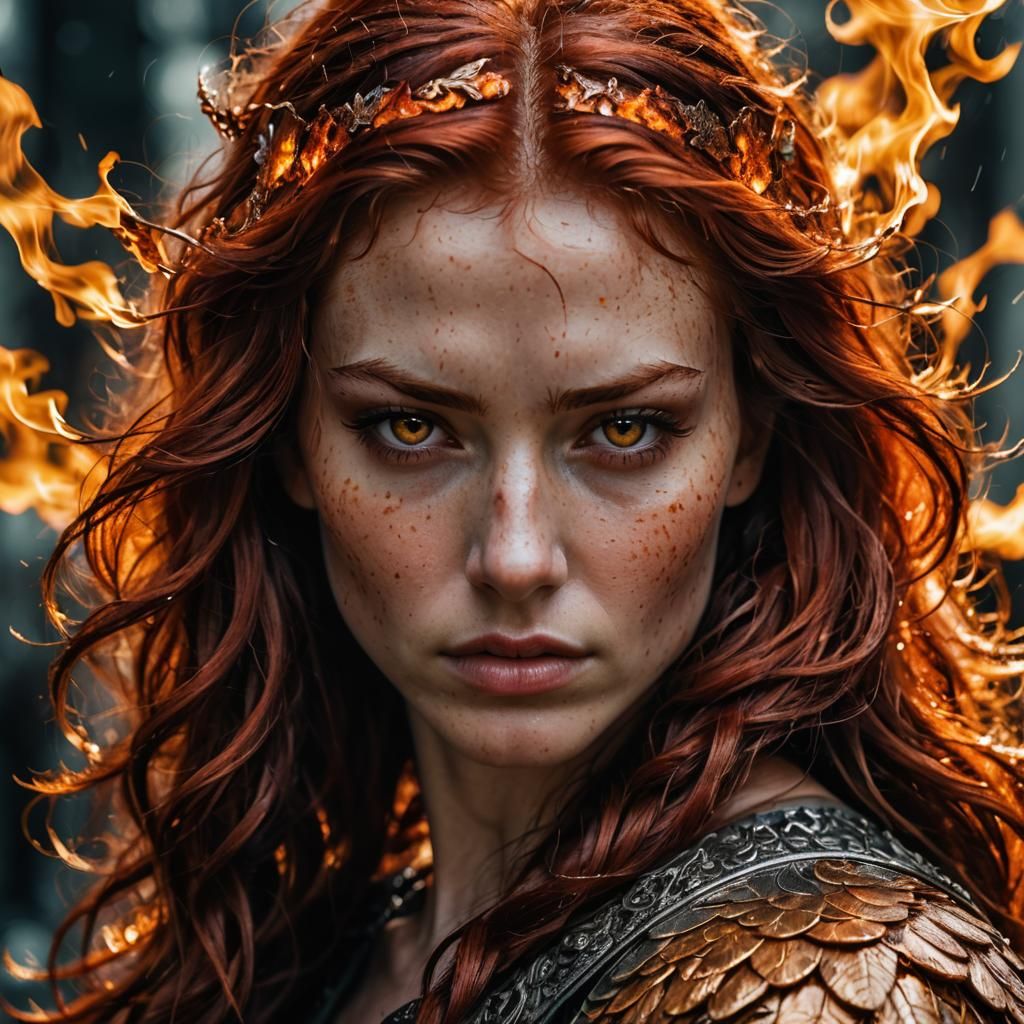 Fiery Warrior Woman Portrait in Photorealistic Style