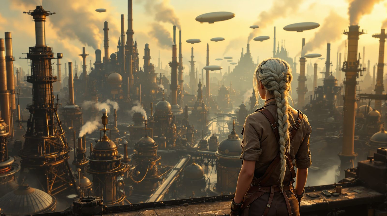 Dieselpunk Engineer in Golden Hour Cityscape