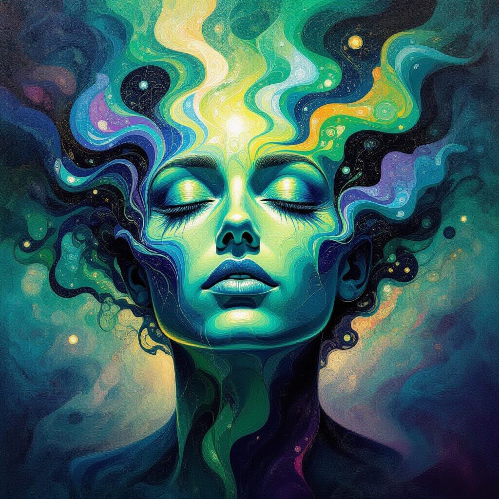 Surreal Body Morphing into Psychedelic Patterns Oil Painting