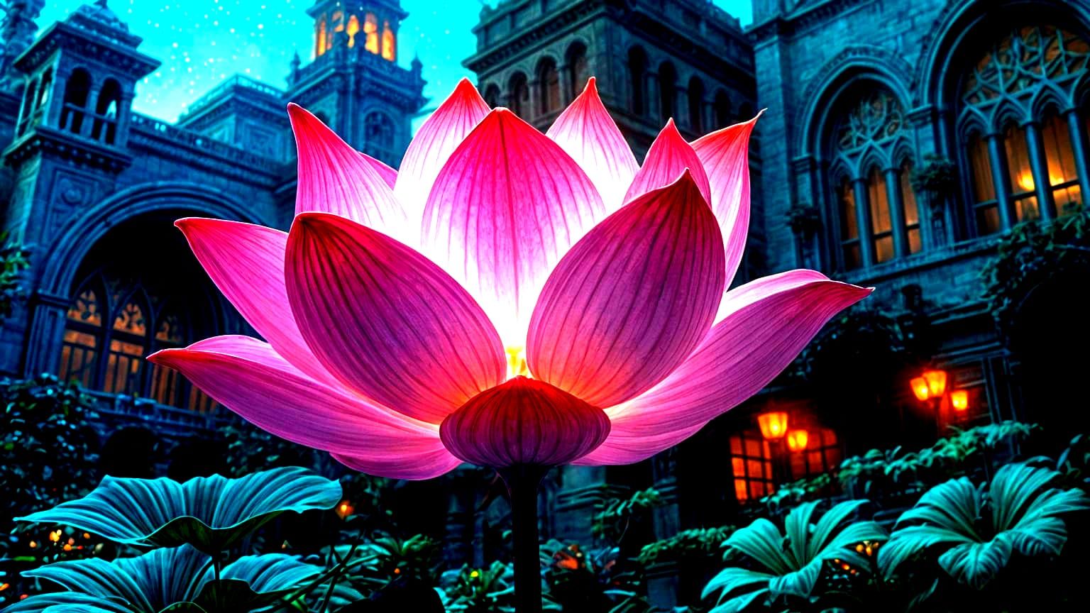 Bioluminescent Lotus Blooms Amidst Cyberpunk Decay