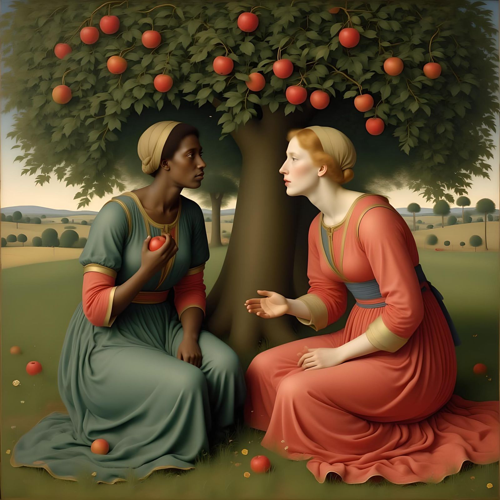 Two Women Under Apple Tree in Medieval Style