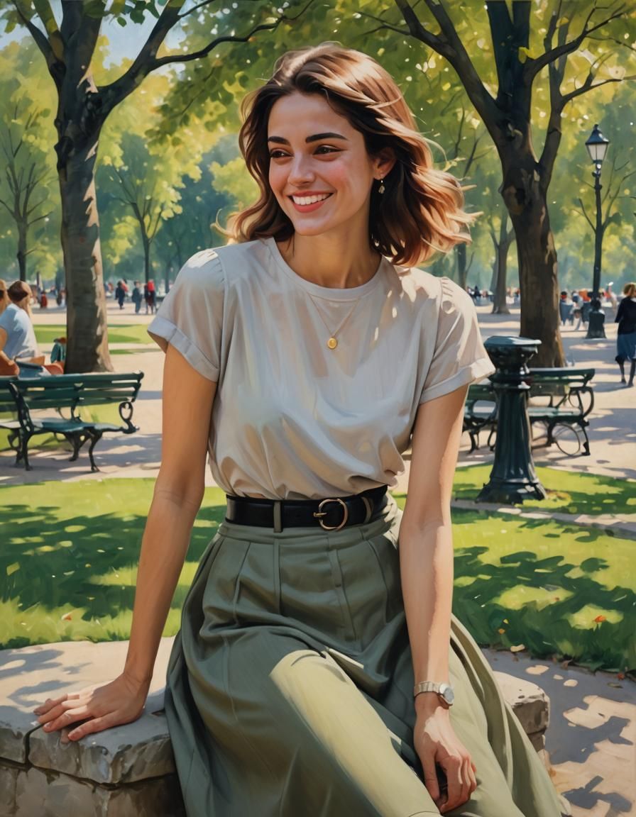 A gorgeous Young French woman in a top and skirt, shy smile, lounging in a park in Paris, oil on canvas, half body portr...