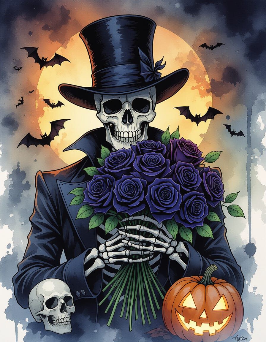 Halloween Skeleton With Gothic Roses In Watercolor Splash Ar...
