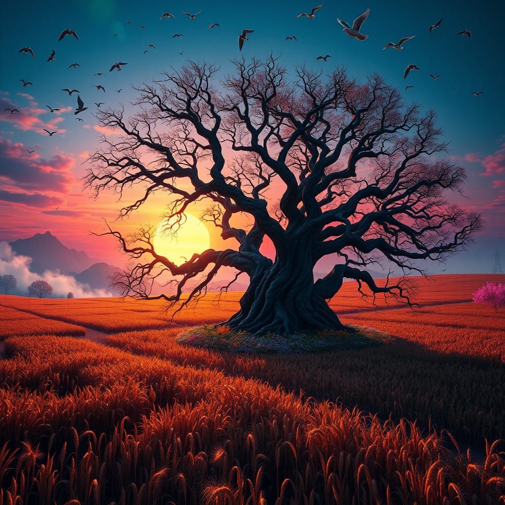 Ancient Farm Dusk with Twisted Tree and Glowing Flora