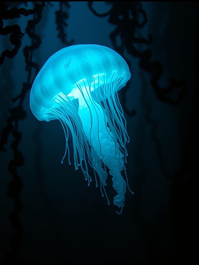 Massive Bioluminescent Ice Jellyfish in Deep Kelp Forest