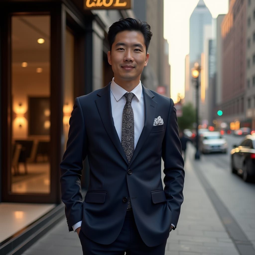 Asian American Businessman Outside Luxury Hotel Lobby
