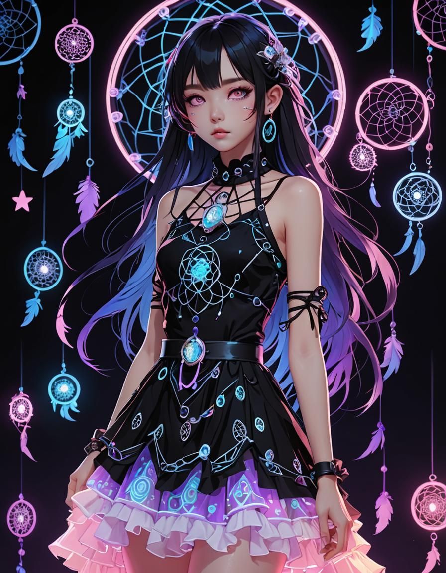 Dreamcatcher, (Neon UV Black Light:2.5) pastel goth-themed d...