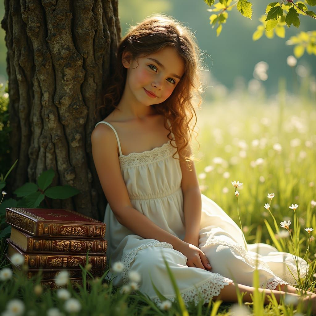 Girl in Meadow: Pre-Raphaelite Style Afternoon Scene