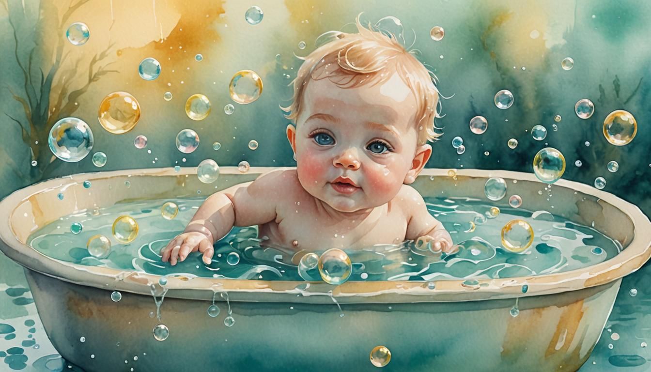 Baby's Bath: Whimsical Watercolor Illustration