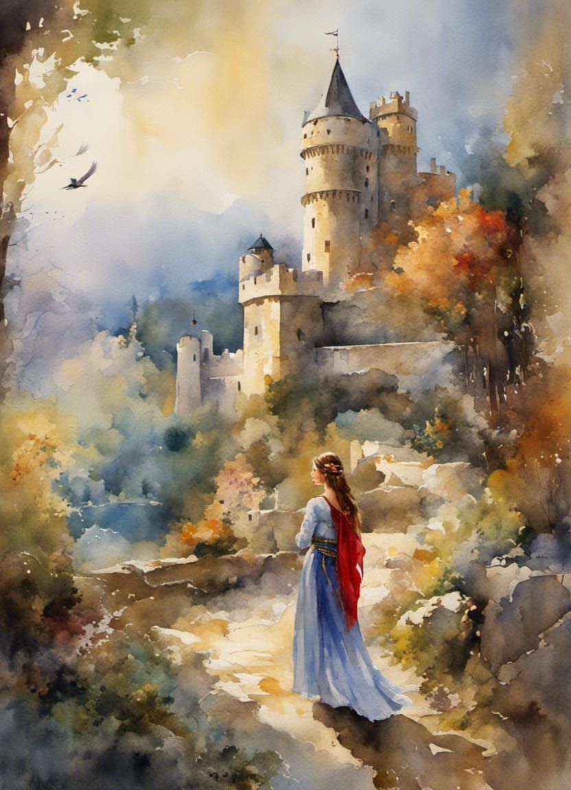 A princess walking through castle garden