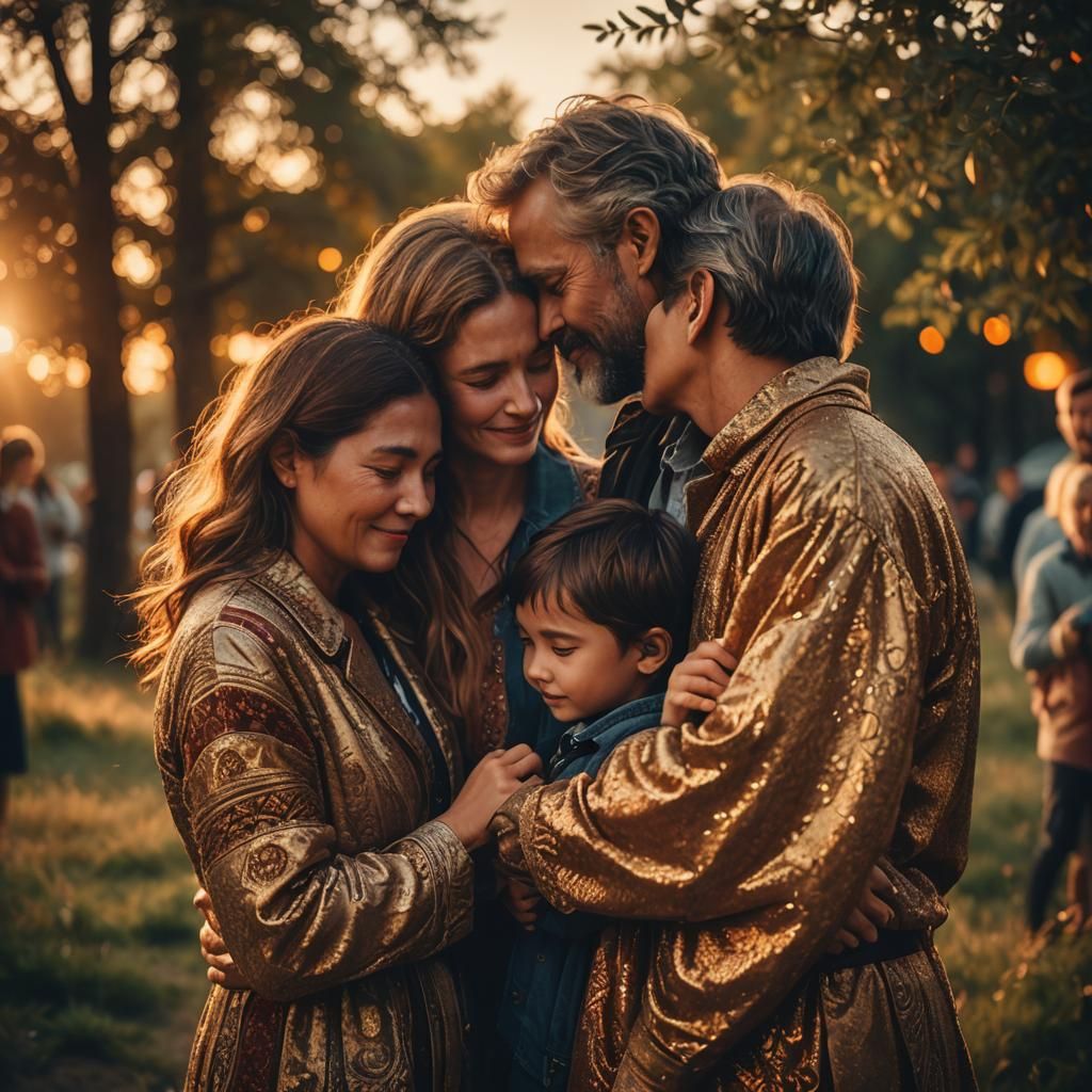 Family Embrace in Golden Light: Cinematic Still